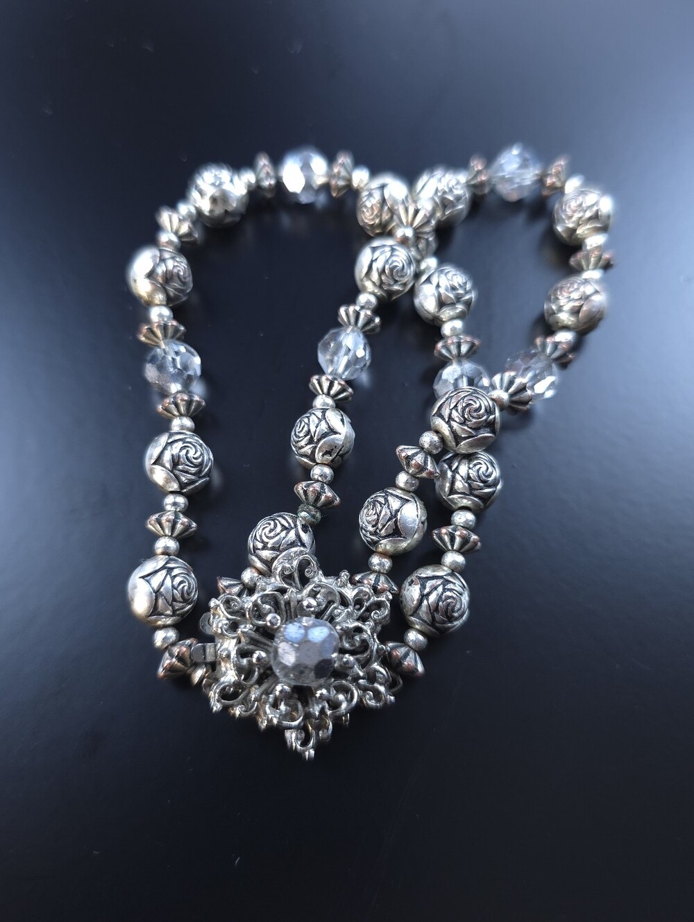 Vintage Silver Tone Double Strand Rose Bead Bracelet Crystal Ornate Box Clasp